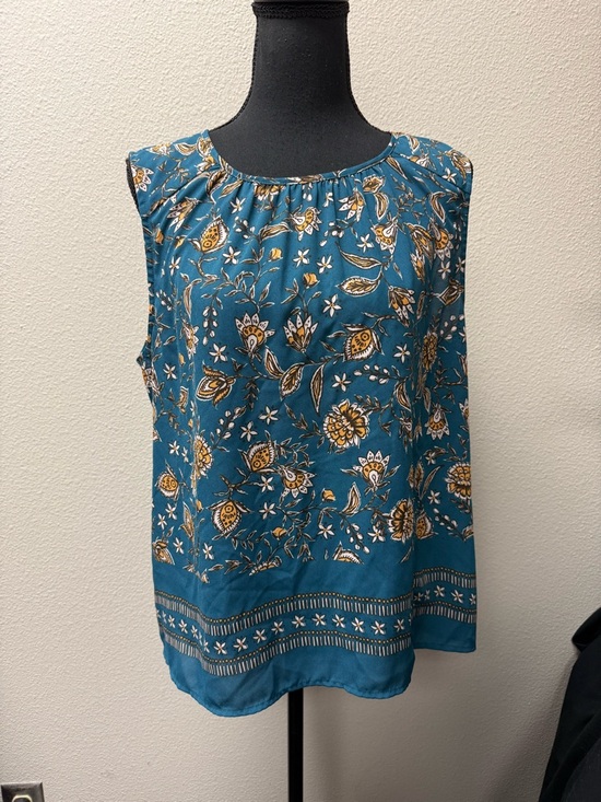 Les Serein Teal Floral Blouse Sleeveless Boho Lightweight Top Size Large - Picture 2 of 12